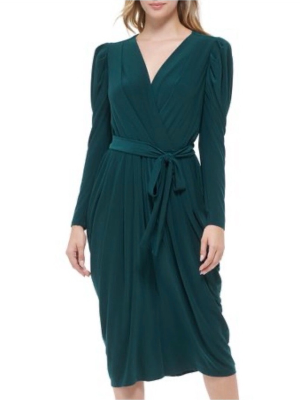Tommy Hilfiger Classic Emerald Green Faux Wrap Midi Dress Puff Sleeve Tie Waist